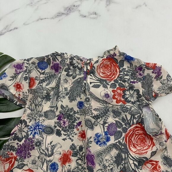 Modcloth Retro High Neck Blouse Top Size M Gray Red Floral Cap Sleeve Ruffle - Picture 8 of 10